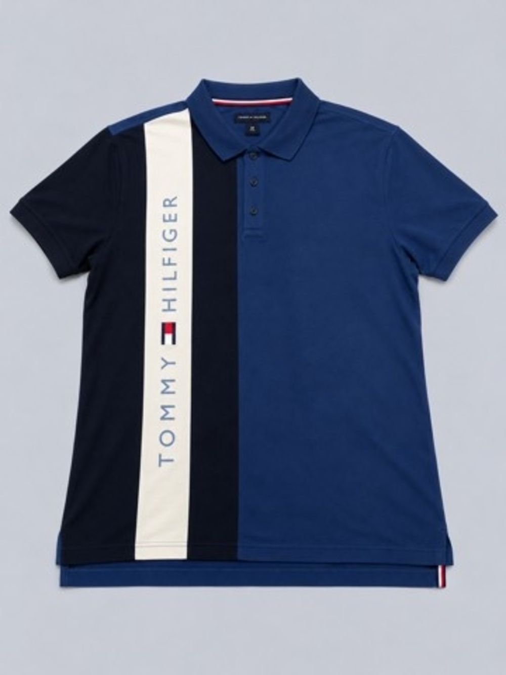 Tommy Hilfiger Mens Navy and Black Vertical-Stripe Polo with White Accent
